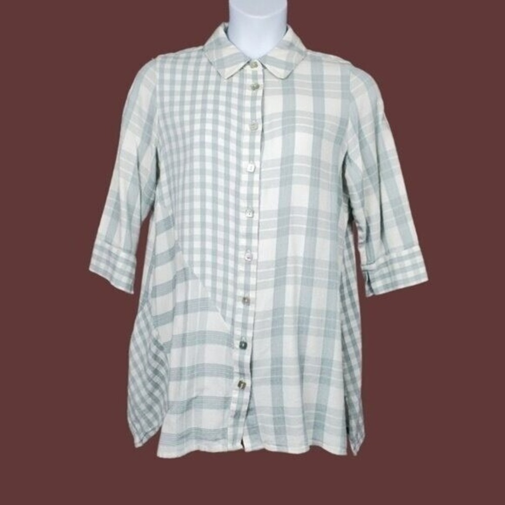 Soft Surroundings Womens Huntleigh Ivory Sage Green Plaid Tunic Shirt Size L View 2